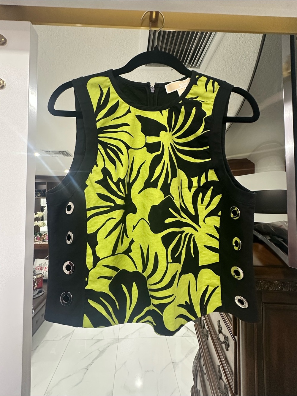 Michael Kors Black & Lime Green Floral Grommet Tank
